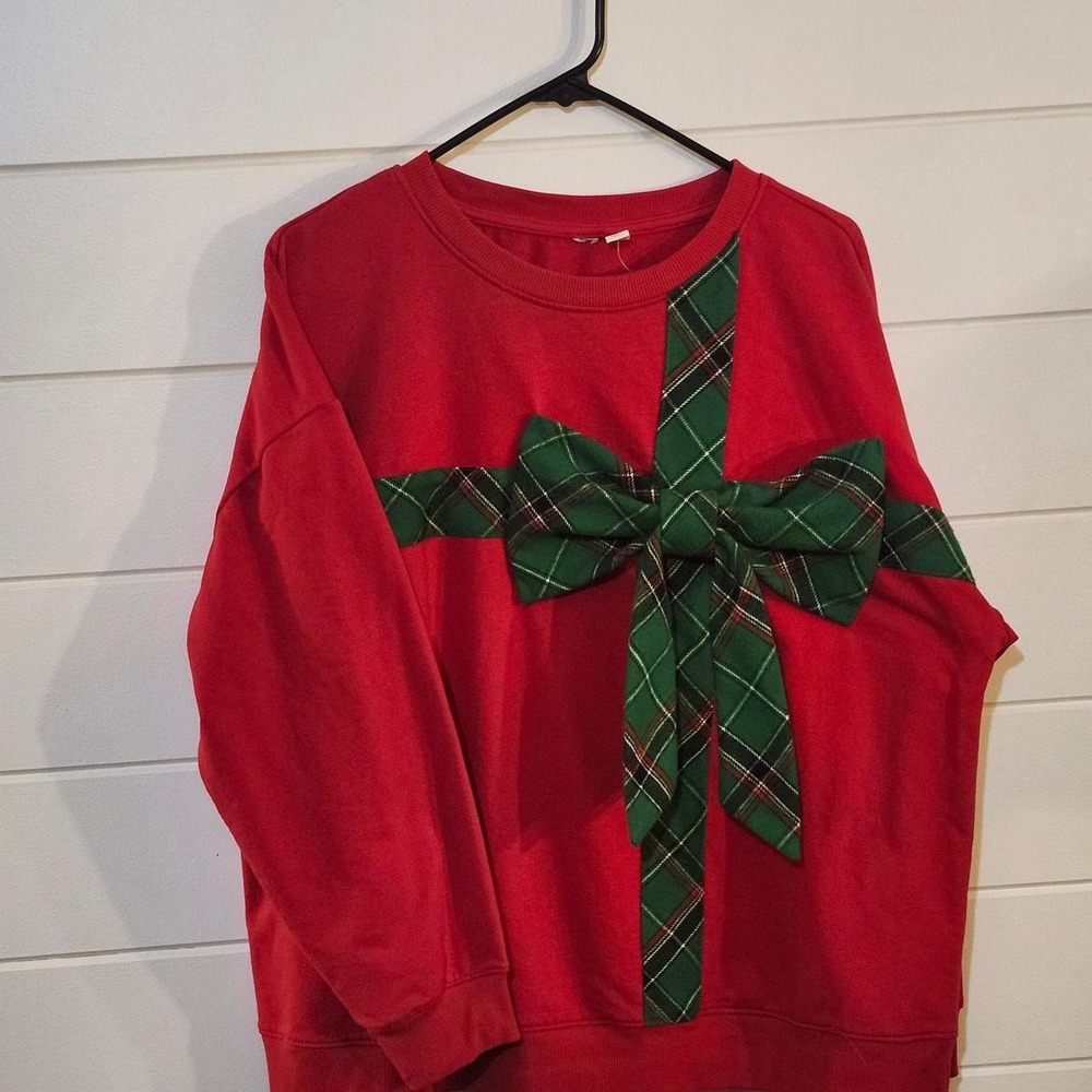 Cato Womens Red Christmas Sweatshirt Green Plaid Bow Holiday Gift 18/20W